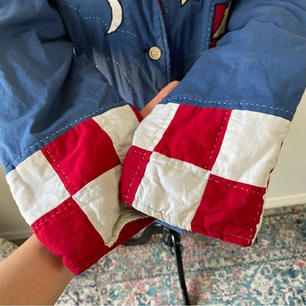 Women's M Americana Patchwork Cabin Sky Quilted  Reversible Button Jacket Red